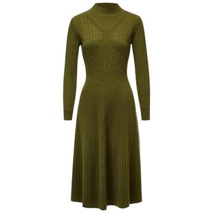 皮皮狗秋冬新款半高领假两件细条纹设计羊绒高腰连衣裙