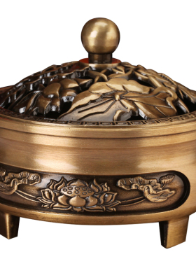 莲花藏式高脚铜香炉八吉祥圆形合金雕花香料粉薰香炉家室三足随身