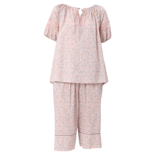 曼诺曼蒂克睡衣女夏季全棉贡缎女圆领睡裙短袖印花套头家居服套装