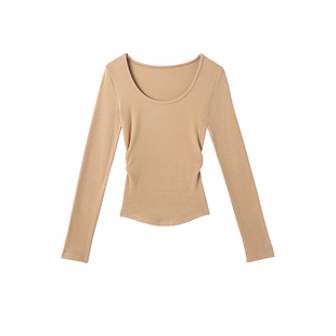 2025秋冬季加厚加绒U领打底衫双面磨毛长袖上衣修身卡腰低领T恤女