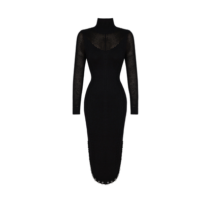 XULU原创针织性感微透高阶复古大气高领长袖圆弧下摆长款连衣裙