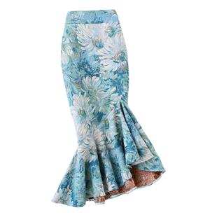 蓝色向日葵油画风鱼尾裙秋冬女高腰不规则荷叶边中长款包臀半身裙