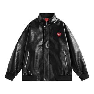 查尔斯桃心 美式仿鳄鱼皮飞行夹克男春秋季新款立领机车pu皮外套