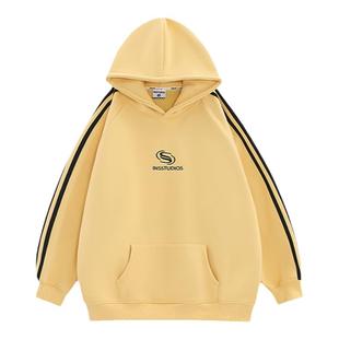 INSstudios 国潮牌情侣美式小LOGO三条杠条纹卫衣重磅加绒连帽衫