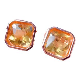 纯银镶嵌天然黄水晶耳钉公主方耳夹防过敏黄色宝石日韩生日礼物