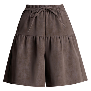 咖色裙裤百褶皮短裙女秋冬五分裤裙高腰宽松显瘦a字阔腿裤皮短裤