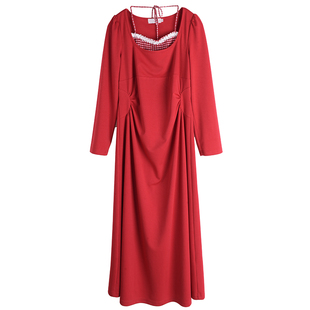 2026春款性感纯欲风格纹假两件胖莹莹大码女装收腰挂脖红色连衣裙