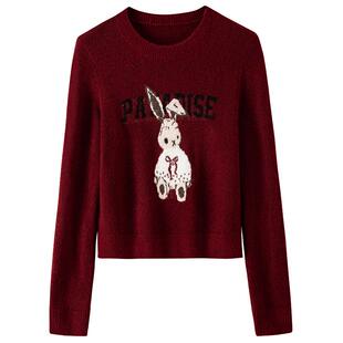 BANANA BABY冬新款安可拉红提花针织衫女圆领可爱兔子毛衣