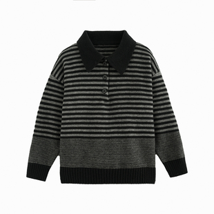 砚台家男童毛衣针织衫春季童装黑白条纹衣服儿童复古polo衫秋冬款