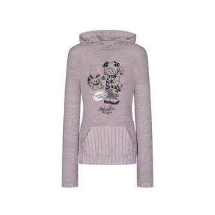 BETWEENAND 春季兔耳朵帽子发泡印花长袖女轻亚亲肤弹力印花上衣