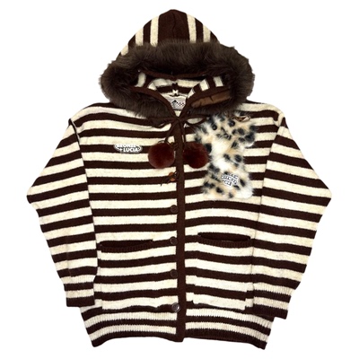 Bronze Lucia棕条纹连帽毛球针织开衫外套原创设计复古休闲毛衣女