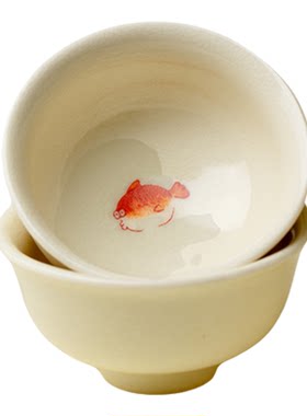 里作 苏打釉开片矾红手绘鱼若深杯岩茶杯潮汕功夫茶品茗杯喝茶杯