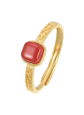 s925银红色方糖朱砂银戒指女款