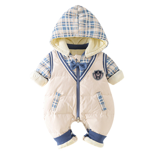 婴儿羽绒服男宝宝学院风百天周岁衣服冬装连体衣冬季加厚外出抱衣
