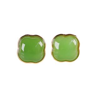 和田玉碧玉耳钉亲宝水晶天然苹果绿碧玉耳坠玉石耳饰女饰品
