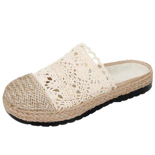 老北京布鞋女包头半拖鞋2026新款透气镂空网面蕾丝渔夫鞋亚麻凉拖