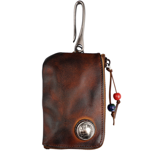 男士真皮钥匙包做旧复古植鞣牛皮零钱包卡包女头层牛皮汽车钥匙套