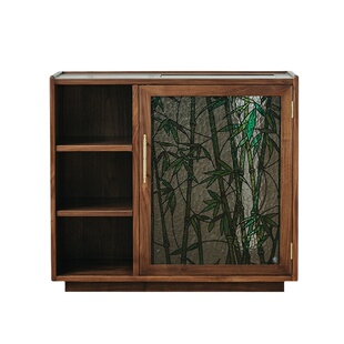 物应竹影茶台黑胡桃木可移动茶水柜客厅家用实木茶边柜复古餐边柜