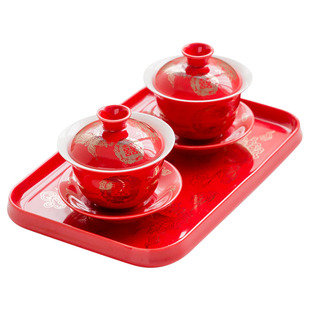 结婚敬茶杯红色盖碗喜碗喜杯对杯碗筷托盘婚庆改口茶杯礼盒套装