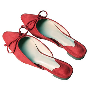 春夏新款半拖同款包头拖鞋女红色凉拖平底鞋尖头穆勒鞋蝴蝶结凉鞋