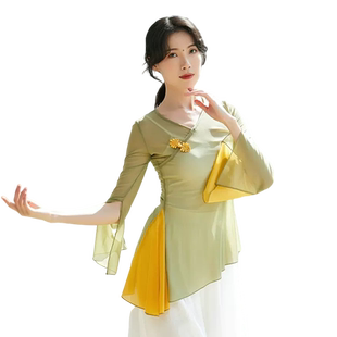 古典舞民族现代身韵舞蹈演出服中国舞练功服拼色上衣女艺考纱衣