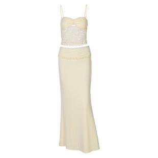 gusty法式纯欲海岛度假套装欧若风浅黄辣妹蕾丝吊带上衣+半身长裙