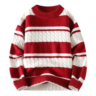 新简约撞色条纹圆领毛衣男麻花针织衫百搭保暖打底衫红白条纹毛衣