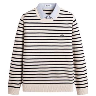 Navigare意大利小帆船休闲条纹针织衫男春秋新款衬衫领假两件毛衣