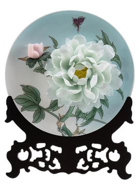 中式家居客厅牡丹花挂盘陶瓷摆件