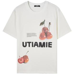 U/TI趣味樱桃印花棉质T恤女 百搭潮圆领休闲上衣尤缇2025春季新款