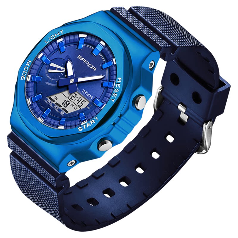 三达品牌双显电子表学生八角橡树手表男士抬手灯防水多组闹钟腕表