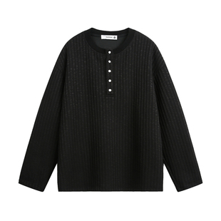 NEVERNEED纯色肌理感条纹T恤男女秋季美式复古老钱风简约情侣上衣