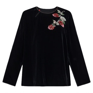 宫小妍【真丝·手工草莓】丝绒新中式撞色秋冬上衣502131