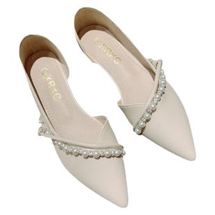 时尚珍珠装饰侧空软底瓢鞋女2025年新款浅口尖头平底单鞋大码瓢鞋