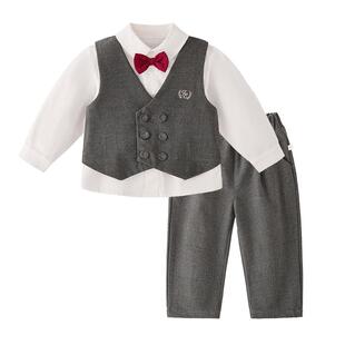 jellybaby男童西装套装春装三件套绅士风宝宝衣服深花灰5儿童套装