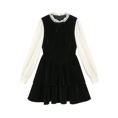 赫本风黑色丝绒假两件连衣裙女