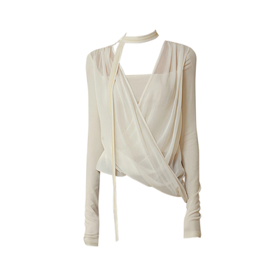 早秋设计感法式假两件挂脖T恤