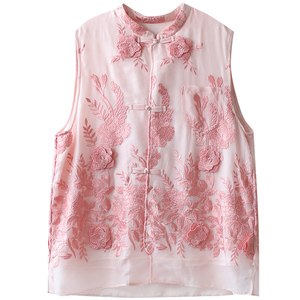 江南范新式国风唐装女改良款马甲粉色立体绣花唐装开衫2023年薄款