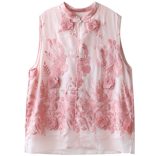 江南范新式国风唐装女改良款马甲粉色立体绣花唐装开衫薄款立领