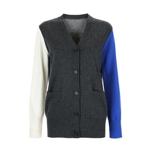 【惊喜特价】Bettychow Old C美利奴纯羊毛灰蓝拼色开衫减龄外套