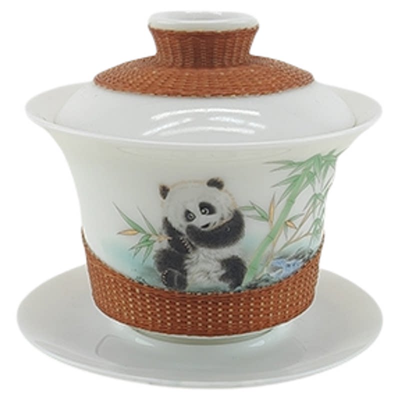 竹编茶具套装礼盒装功夫茶具熊猫图案陶瓷茶杯盖碗组合商务送礼