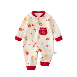 婴儿衣服秋冬连体衣红色喜庆过年纯棉宝宝打底哈衣满月拜年服马年