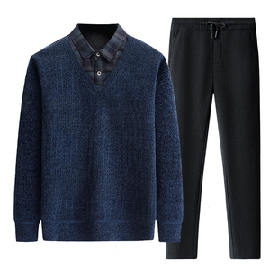 爸爸套装加绒加厚新款中年男士冬装保暖毛衣中老年男装冬季裤子男