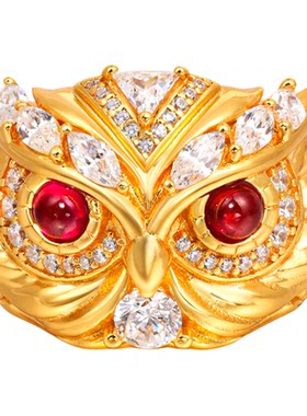 VISING珠宝黄金色猫头鹰培育红宝石戒指手工镶钻S925