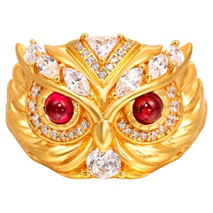 VISING珠宝黄金色猫头鹰培育红宝石戒指手工镶钻S925