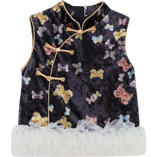 女童新中式马甲秋冬2025新款洋气儿童拼接网纱上衣小女孩国风套装