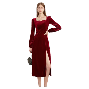 DPLAY秋季法式红色礼服裙重磅丝绒连衣裙订婚服回门服敬酒服