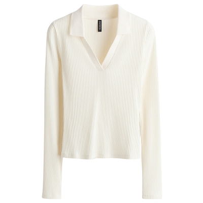 HM女装T恤2025秋季新款开领V领翻折领罗纹时尚休闲上衣1301414