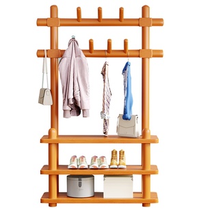 实木落地衣帽架简易家用卧室置物架网红鞋柜架挂衣架一体立式衣架