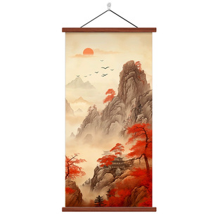 鸿运当头山水画竖版玄关装饰画中式靠山招财入户门正对门实木挂画